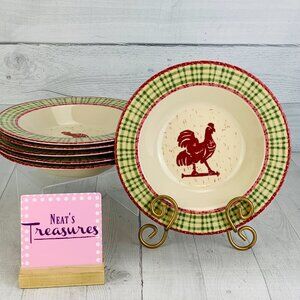 Coventry PTS AMERICAN Green Red  Rooster Stoneware Soup Cereal Soup Bowl Set 6